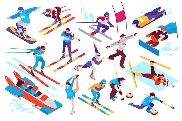 Free Vector winter sport isometric set with snowboarding alpine skiing biathlon curling figure skating bobsled isolated vector illustration