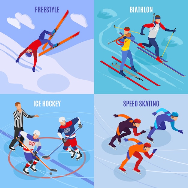 Free Vector winter sports 2x2 concept set of freestyle speed skating ice hockey biathlon square icons isometric