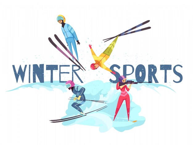 Winter sports  with jumping alpine skiing and biathlon symbols flat isolated