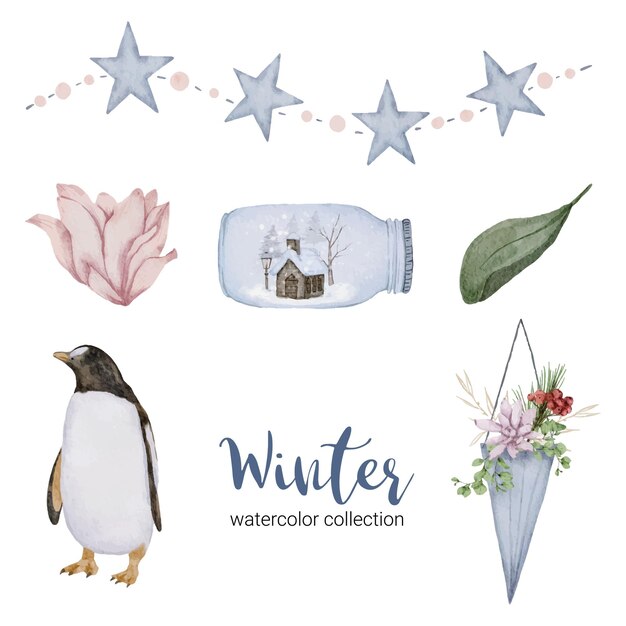 Winter watercolor collection featuring leaves, penguin flowers and jars.