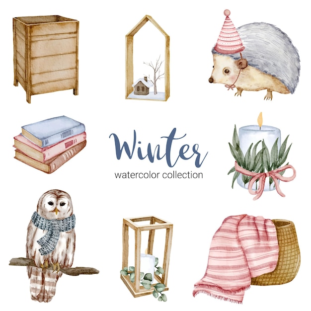 Free vector winter watercolor collection with books, hedgehogs, owls, baskets and candles