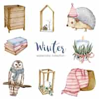 Free vector winter watercolor collection with books, hedgehogs, owls, baskets and candles