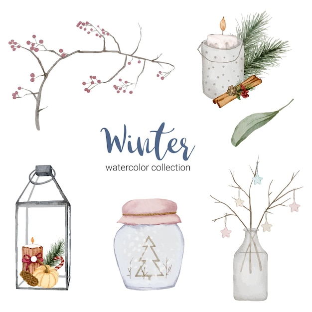 Winter watercolor collection with branches, leaves and jars.