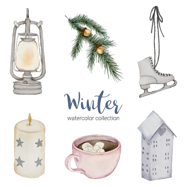 Winter watercolor collection with items for home use.