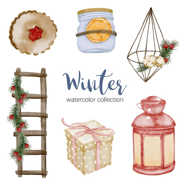 Winter watercolor collection with items for home use