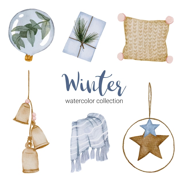 Free Vector winter watercolor collection with items for home use.