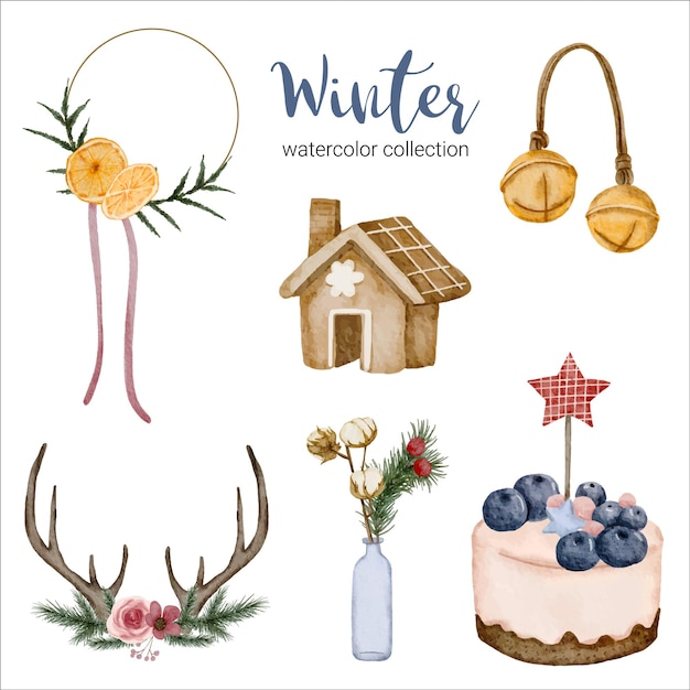 Winter watercolor collection with items for home use.