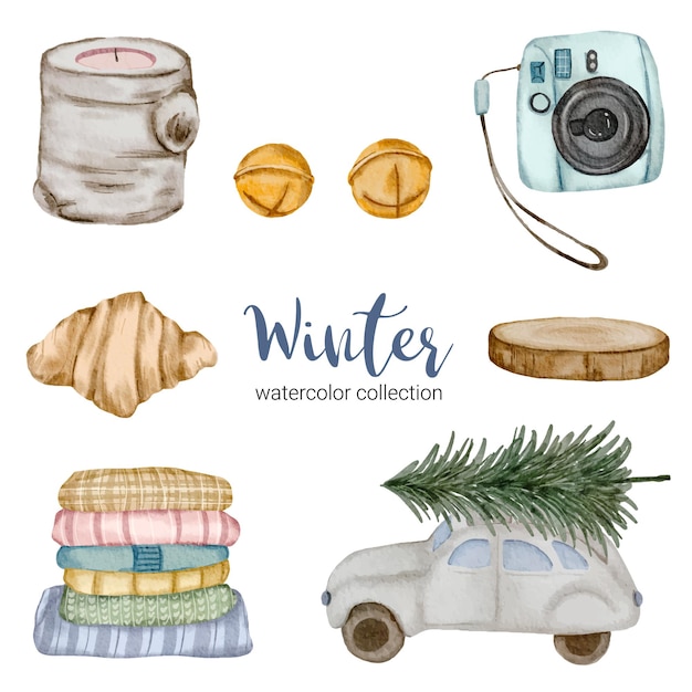 Winter watercolor collection with items for home use