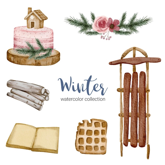 Winter watercolor collection with items for home use.