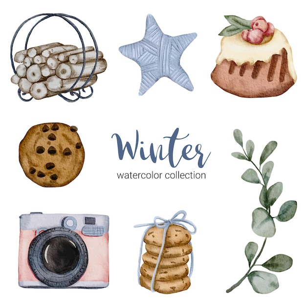 Winter watercolor collection with items for home use.