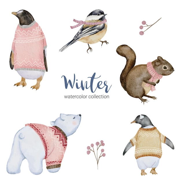 Winter watercolor collection with penguin, squirrel, white bear and bird