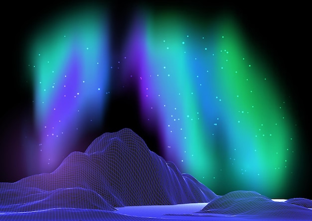 Wireframe landscape against a sky with northern lights