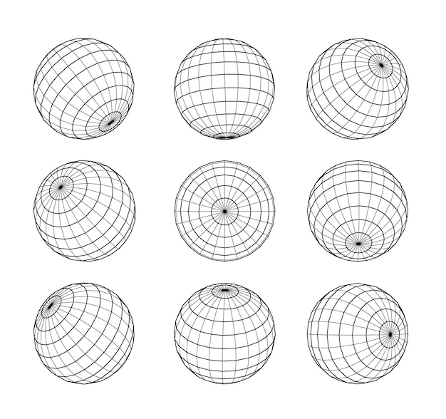 Wireframe sphere in different positions Globe Grid set Planet Earth orb vector outline isolated