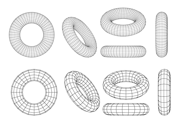 Free vector wireframe torus with different structure of the grid frame abstract 3d grid design technology style