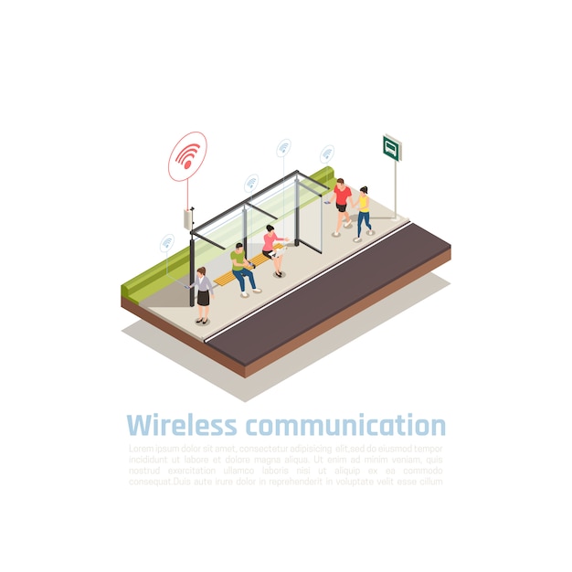 Free vector wireless communication isometric composition with people using gadgets for internet connection at public transport stop equipped with wifi