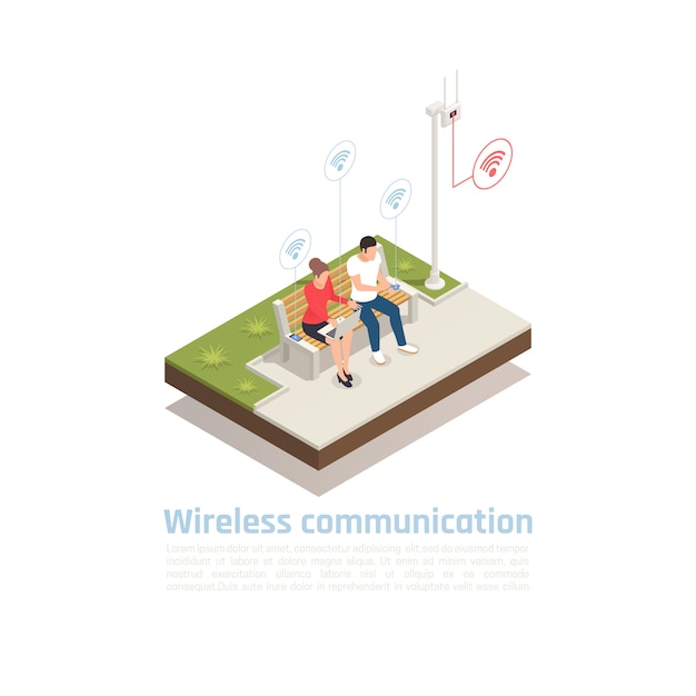 Wireless communication isometric poster with male and female characters sitting in city park cellular antenna and using wifi  signal