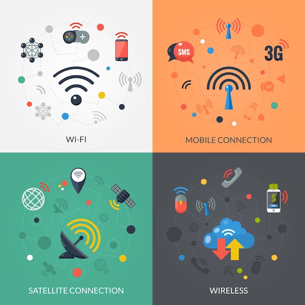 Free Vector wireless technology 4 flat icons square