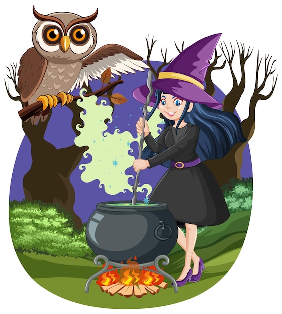 Free Vector witch brewing potion in dark forest