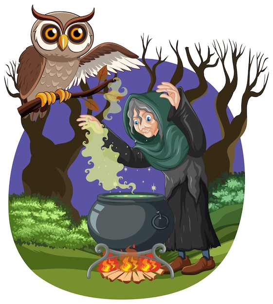 Free Vector witch brewing potion in dark forest