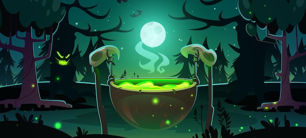 Witch cauldron in night forest Halloween scene