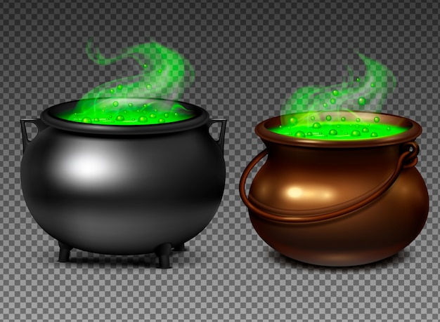 Free Vector witch cauldrons with magical green potion on transparent background realistic set isolated  illustration