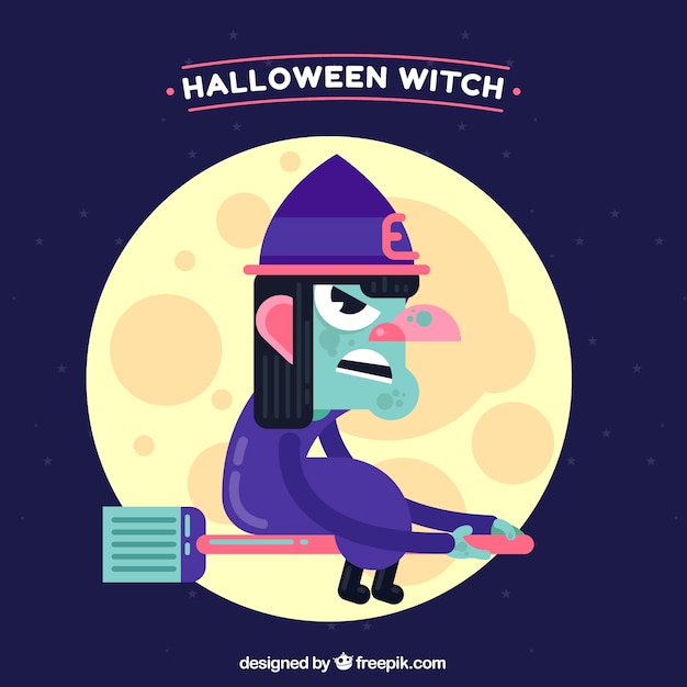 Free Vector witch flying on broom with flat design