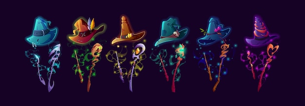 Witch hats wands and staffs cartoon vector set