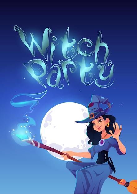 Witch party poster with beautiful woman flying on broom in night