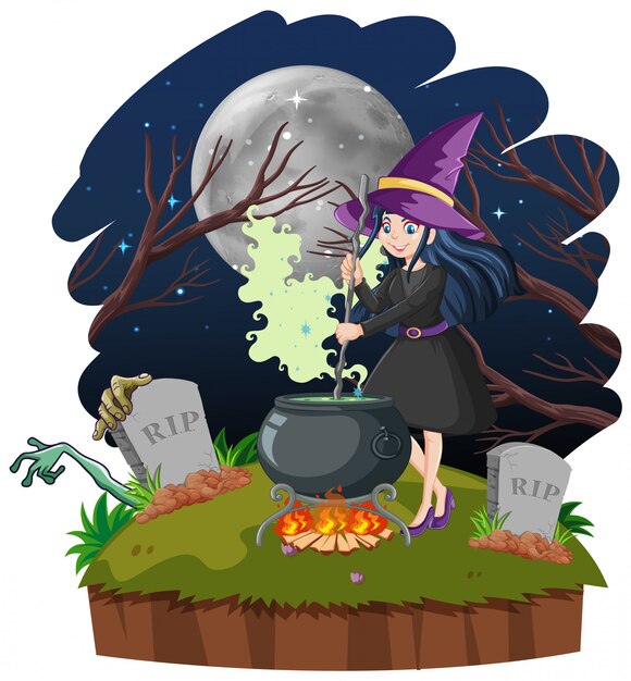 Witch with black magic pot cartoon style on dark forest background