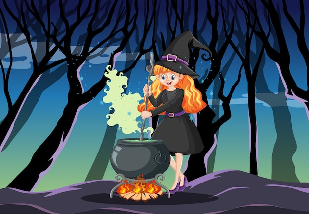 Free Vector witch with black magic pot cartoon style on dark forest background