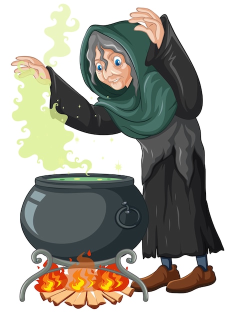 Free Vector witch with black magic pot cartoon style isolated on white 