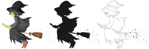 Witch with broomstick in color, outline and silhouette style