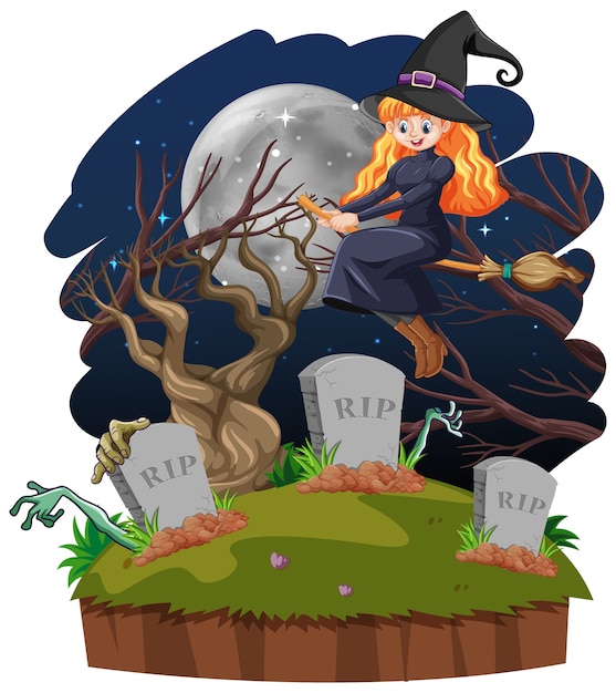 Witch with tomb cartoon style isolated on white background