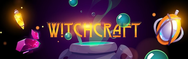 Free Vector witchcraft cartoon banner with magic cauldron