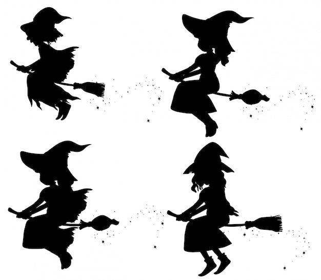 Witches in silhouette cartoon character isolated on white background