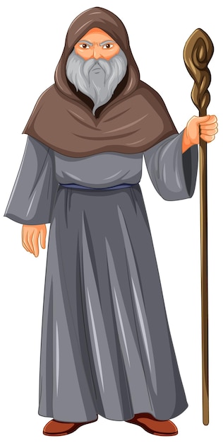 A wizard cartoon character holding staff on white background