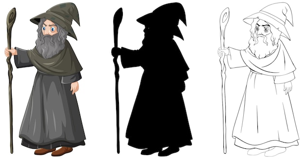 Wizard in color and outline and silhouette cartoon character isolated