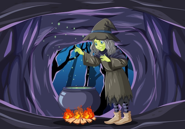 Wizard or witch with magic pot on dark cave scene