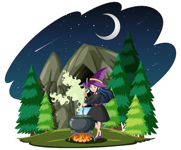 Free Vector wizard or witch with magic pot on dark forest isolated