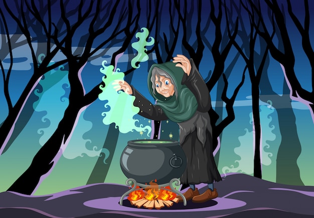 Free Vector wizard or witch with magic pot on dark forest scene