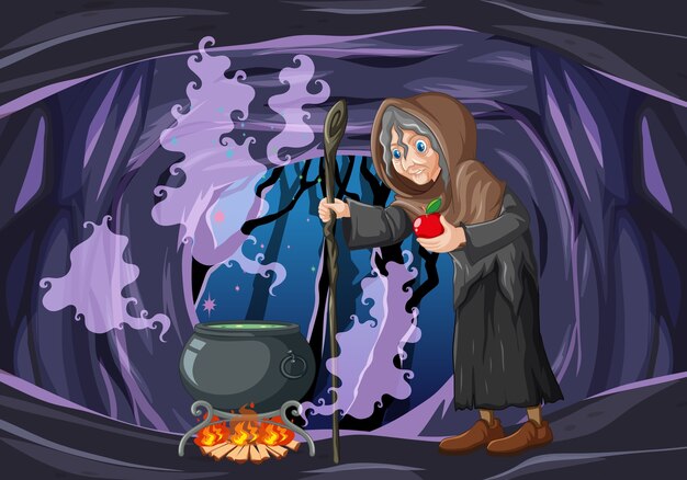 Wizard or witch with magic pot and red apple on dark cave scene