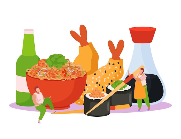 Wok  box  flat  background  composition  with  view  of  fastfood  combo  menu  items  noodles  sushi  and  beer    illustration