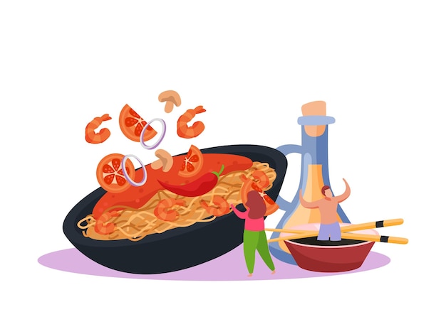 Free Vector wok box flat composition with sauce and noodles with shrimps tomatoes and pepper vector illustration