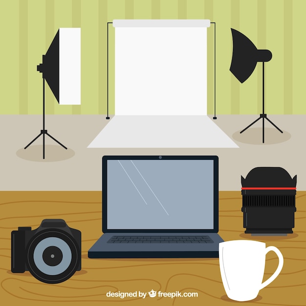 Free Vector wokplace in a photo studio in flat design 