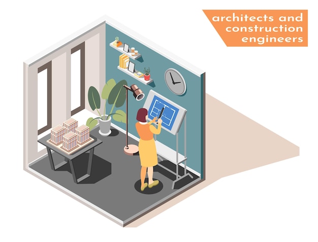 Woman architect engineer at drawing board in office sketching blue print isometric illustration