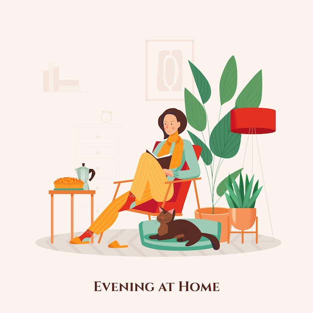 Woman in armchair spending evening with cat and book at her cozy home flat  illustration