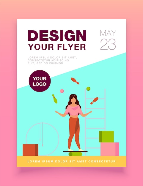 Free Vector woman balancing and juggling with skittles and balls flyer template