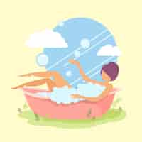 Free vector woman bathing in bathtub, white skinned girl in bathroom cartoon vector illustration.