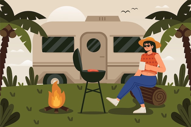 Woman camping with a caravan concept