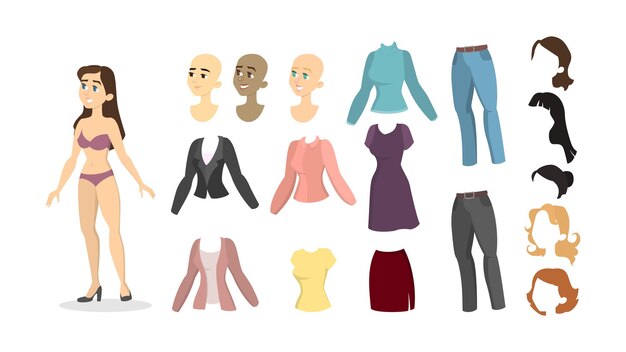 Woman cartoon character set with hair skin and clothes